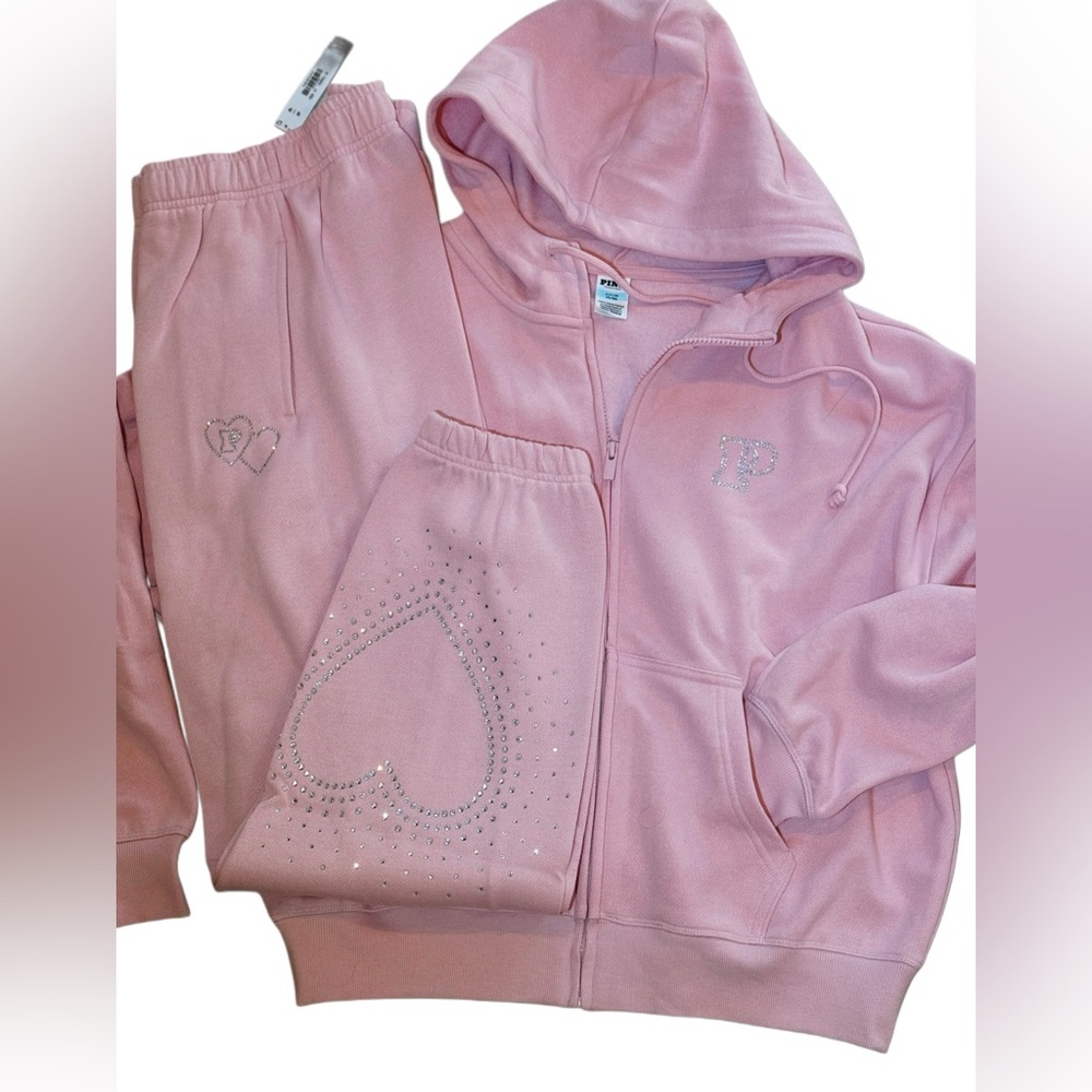 NEW VICTORIAS SECRET PINK BLING FULL ZIP HOODIE + JOGGERS RHINESTONE 2PC SET - Picture 3 of 10